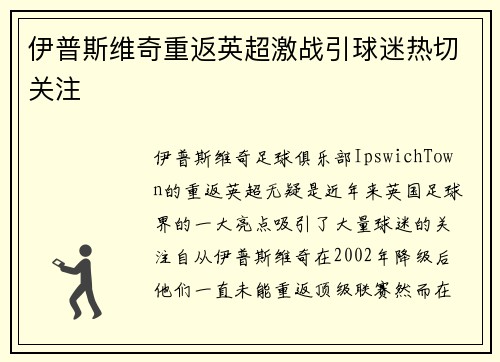 伊普斯维奇重返英超激战引球迷热切关注 伊普斯维奇重返英超激战引球迷热切关注