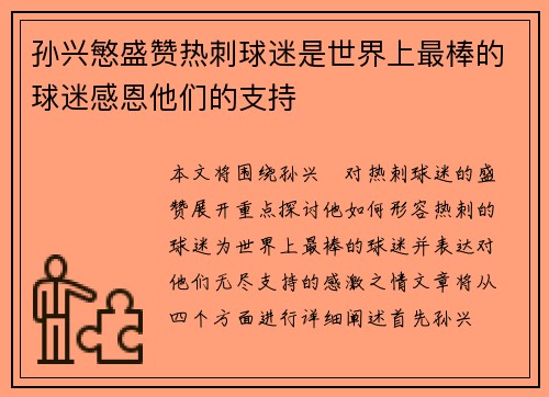 孙兴慜盛赞热刺球迷是世界上最棒的球迷感恩他们的支持
