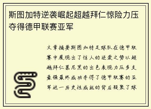 斯图加特逆袭崛起超越拜仁惊险力压夺得德甲联赛亚军 斯图加特逆袭崛起超越拜仁惊险力压夺得德甲联赛亚军
